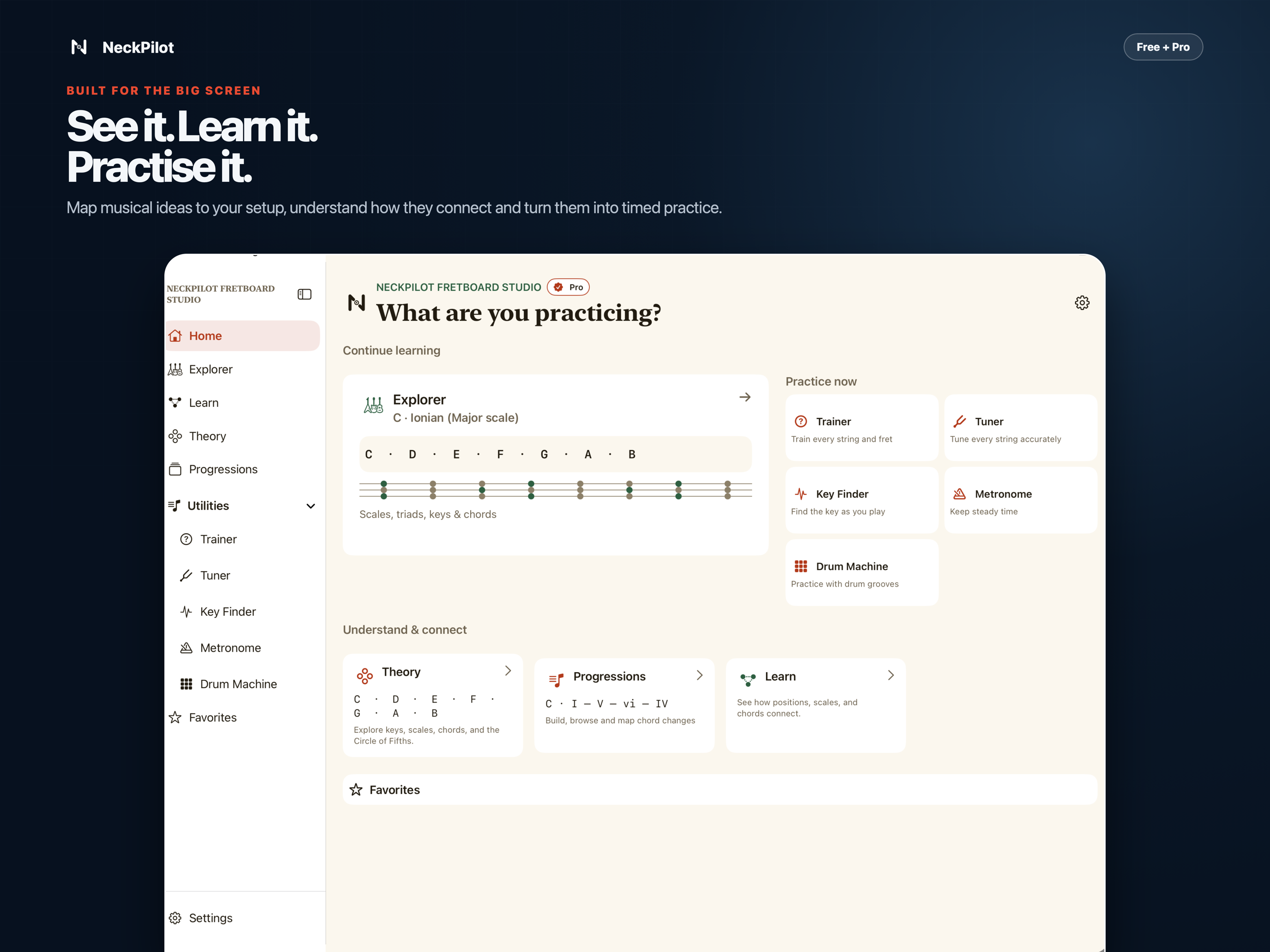 NeckPilot Home on iPad with practice tools, learning areas, and sidebar navigation