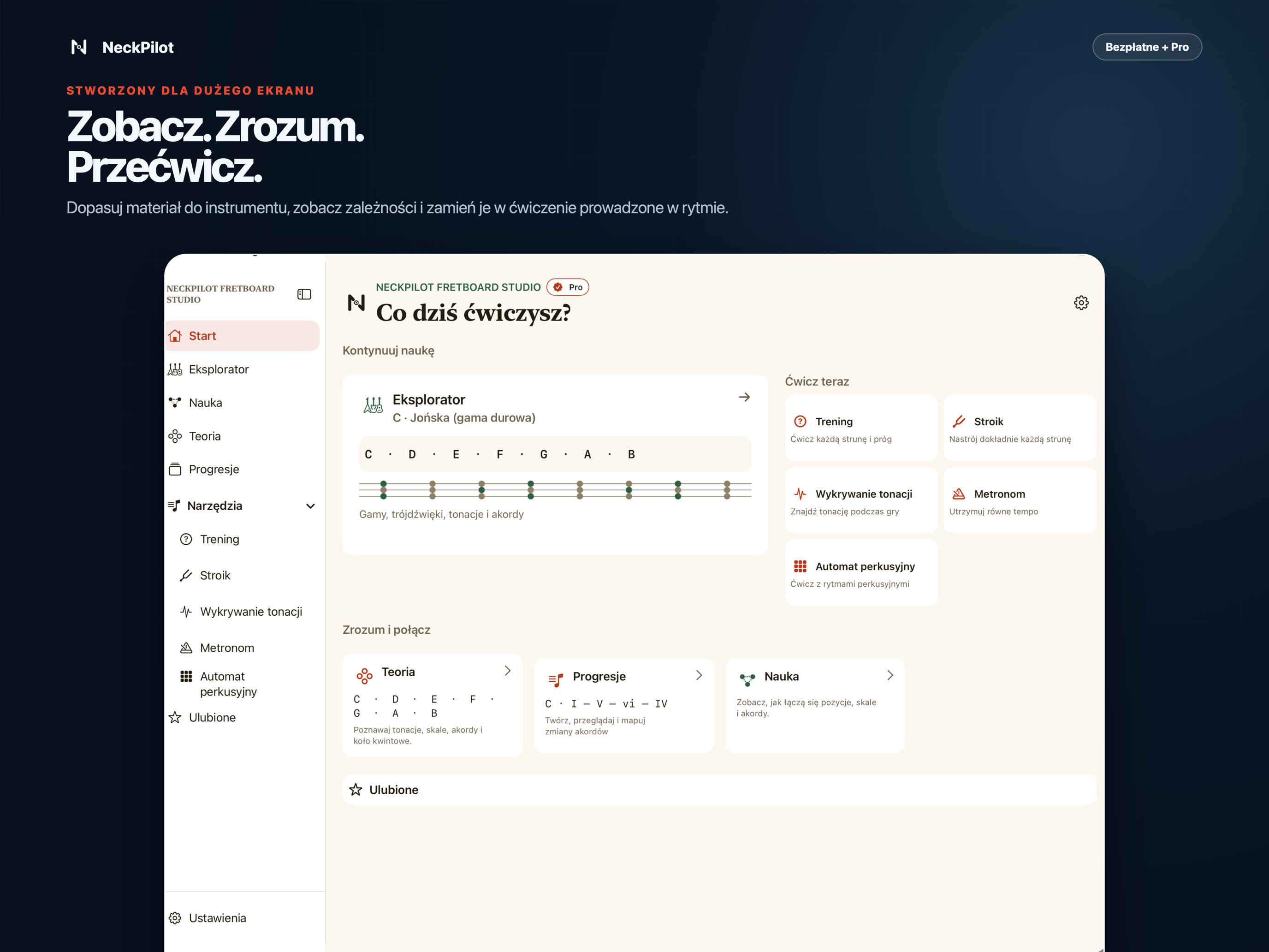 Ekran główny NeckPilot na iPadzie z narzędziami do nauki i ćwiczeń