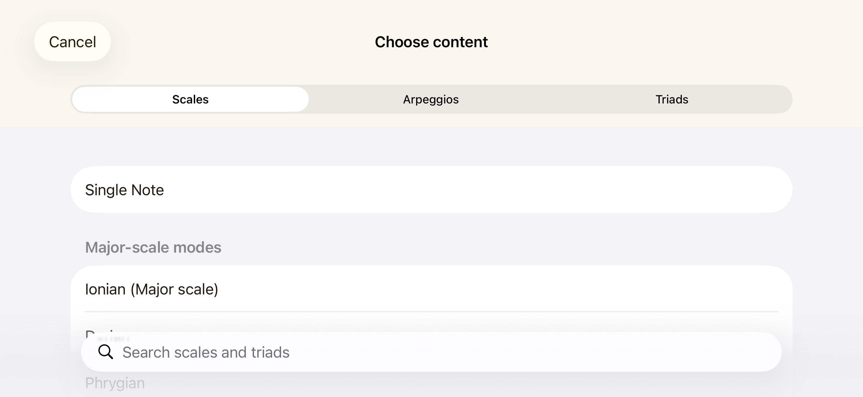 Choose from scales, arpeggios, triads, and more