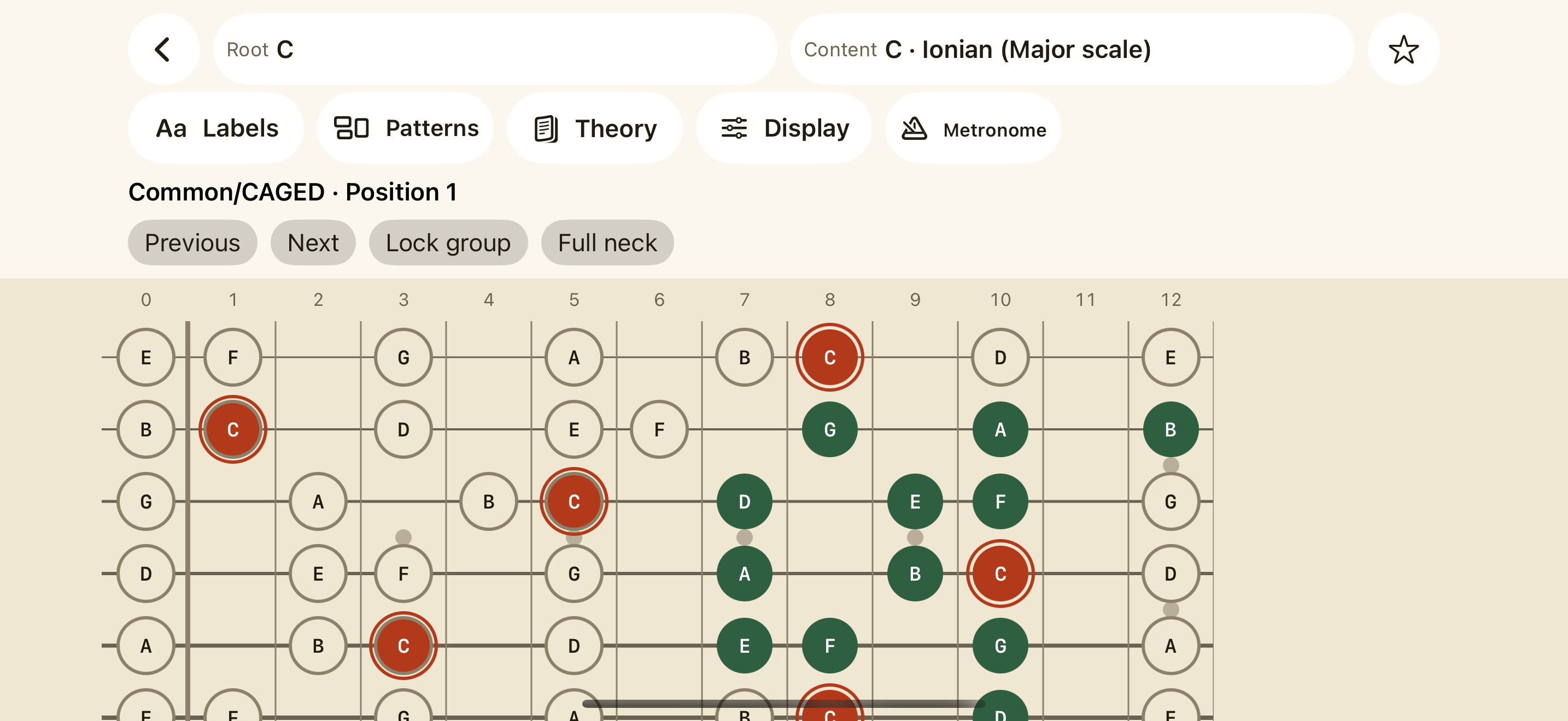 NeckPilot Explorer showing a scale across the guitar fretboard