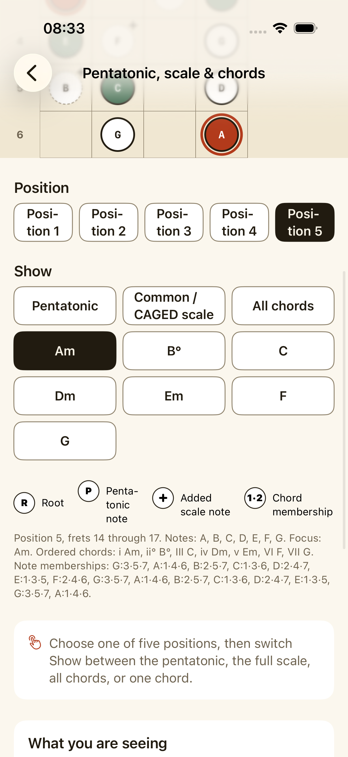 NeckPilot Learn view connecting a pentatonic position with scales and chords