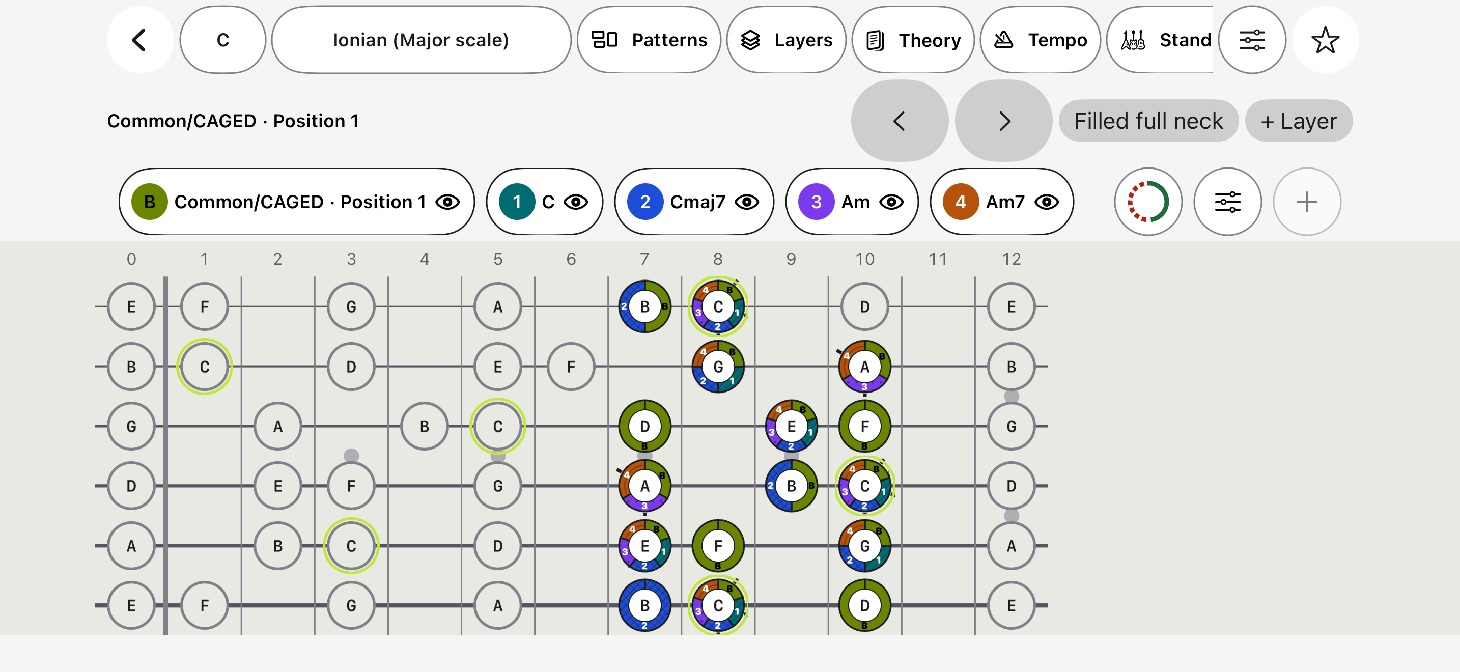 Explorer Layers comparing a scale position and chord tones across the fretboard