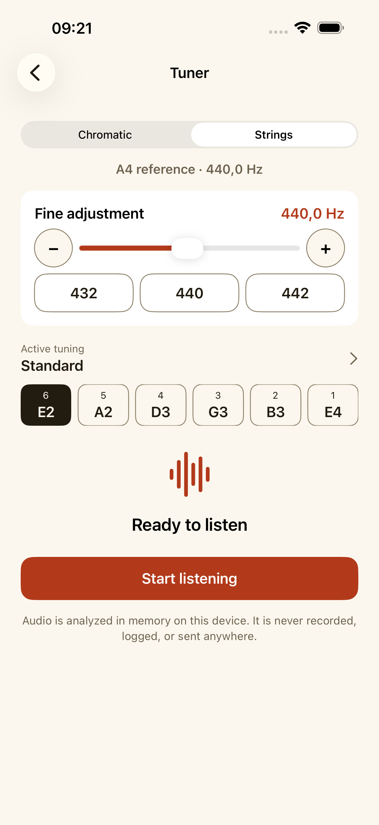NeckPilot Tuner showing a detected A note in tune