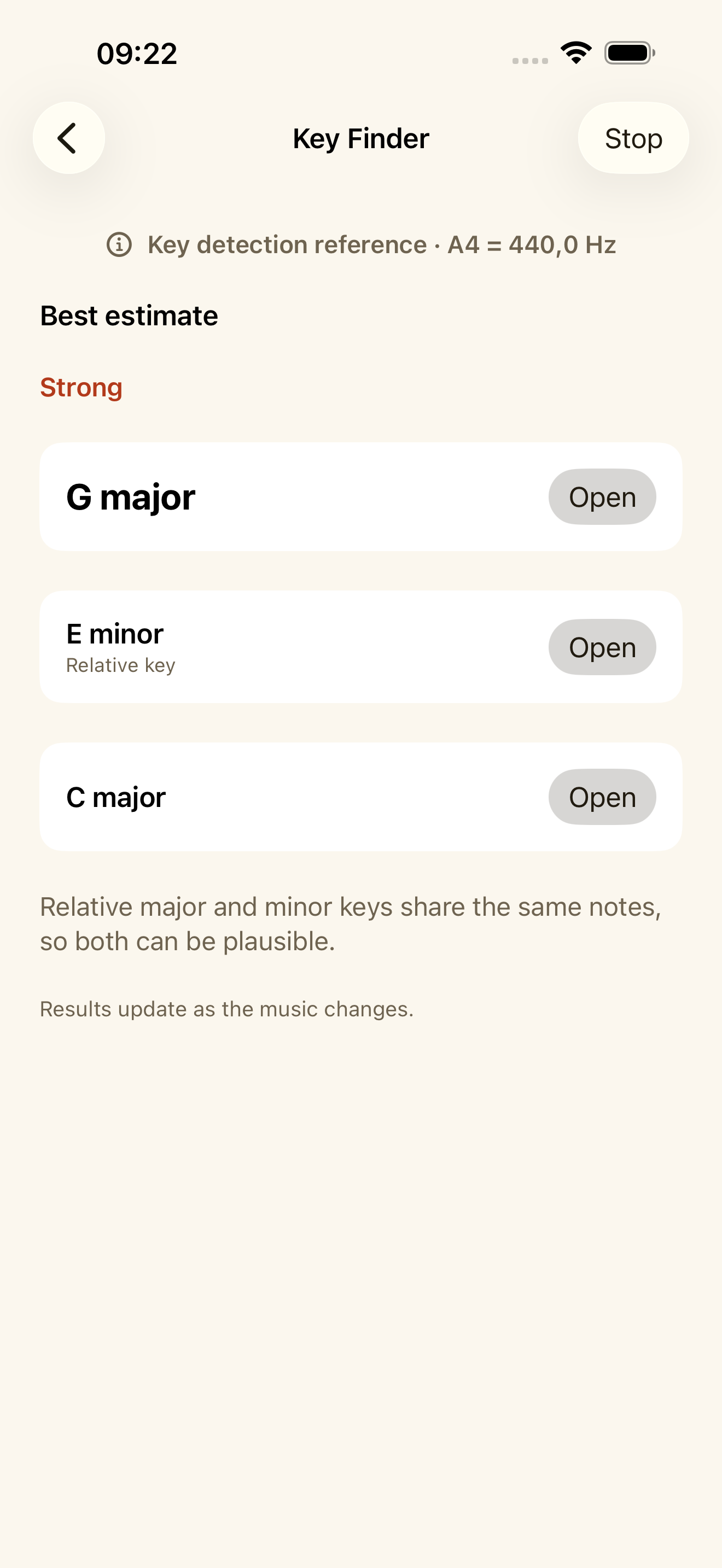 NeckPilot Key Finder showing ranked possible keys