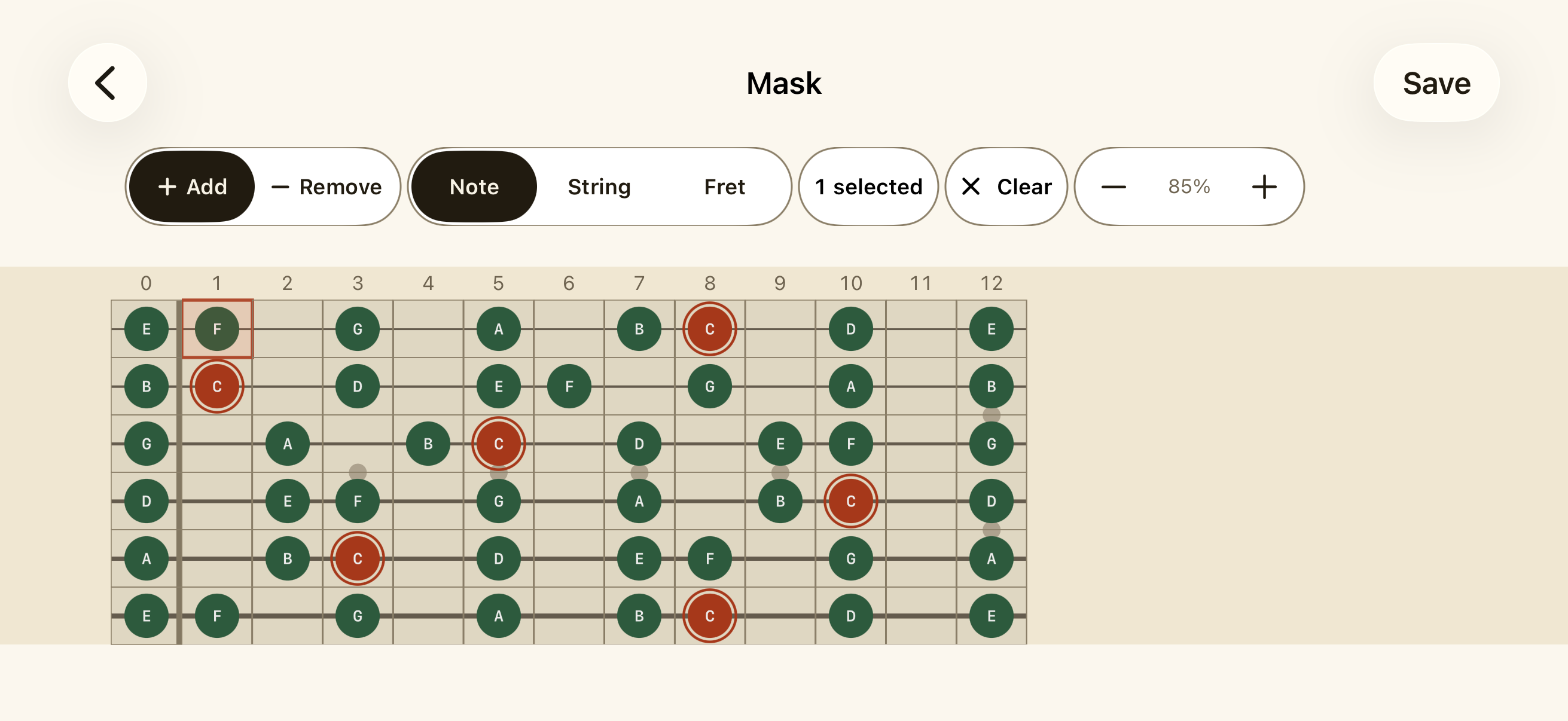 Mask editor showing Add and Remove operations, Note String and Fret scopes, selection count, Clear, zoom, and one selected fretboard cell