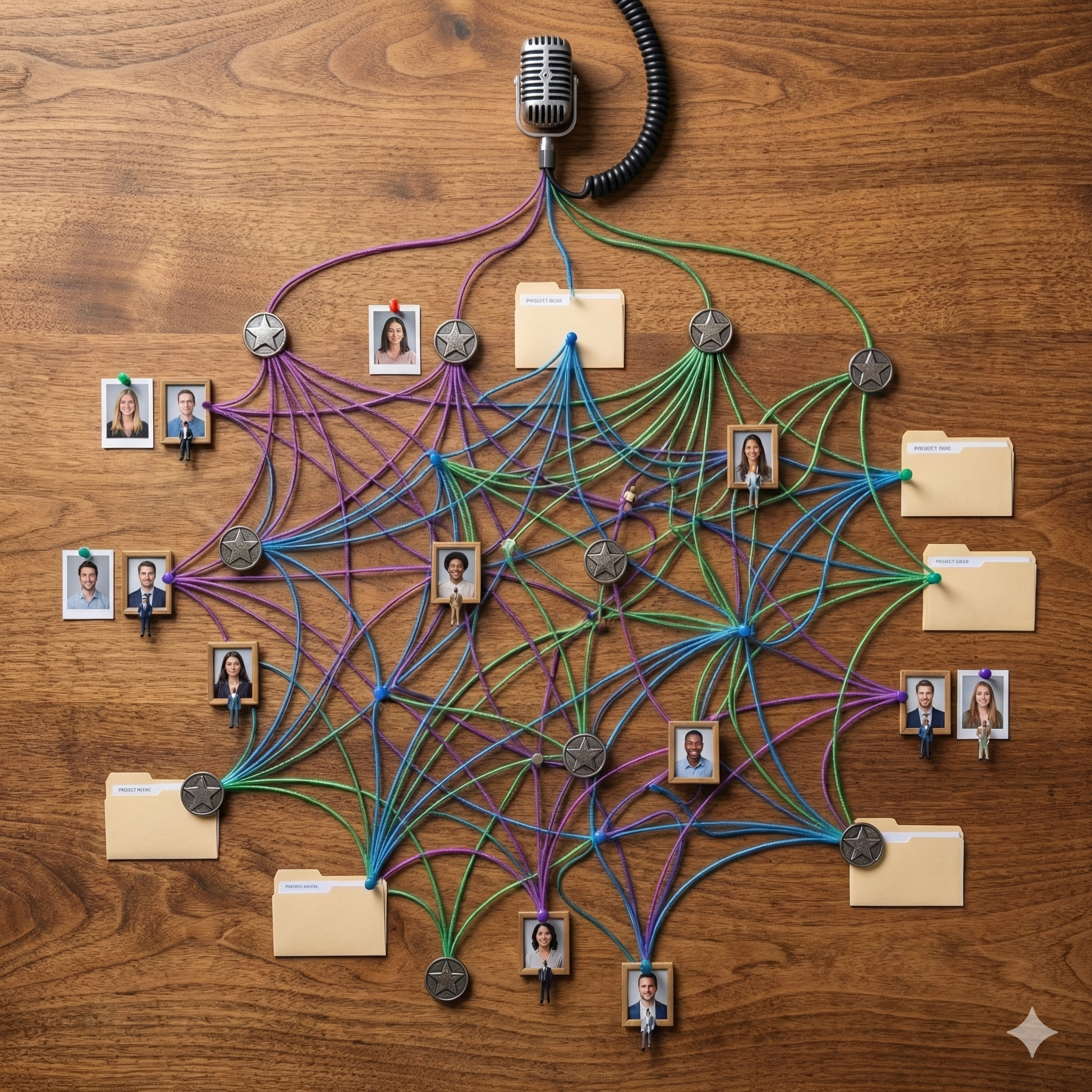 Knowledge graph connecting people, projects, and folders through a microphone