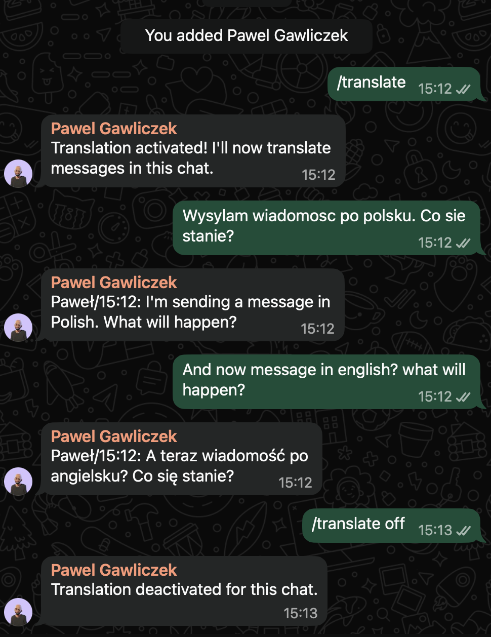 WhatsApp Translator bot demo -- Polish message translated to English
